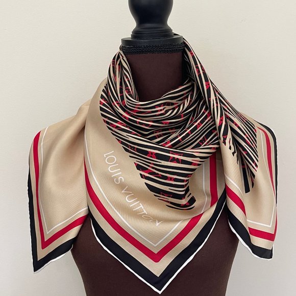 Authentic Louis Vuitton Scarf Monogram Pattern Alma Bag Print Beige Silk Wrap - Picture 12 of 16